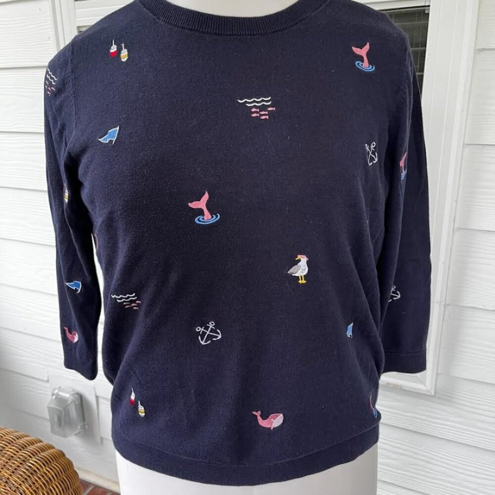 Talbots Sweater Crew Neck Nautical Sea Life Embroidered Navy 3/4" Sleeve Size LP